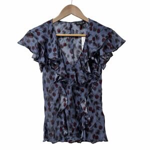 J Crew Ruffle Chiffon Floral V Neck‎ Blouse Top Size XS Blue Lightweight Fairy